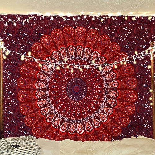 Bless International Indischer Hippie-Wandbehang im Bohemian-Stil, psychedelisch, Pfauen-Mandala, Wandbehang, Bettwäsche, Blau, Rot, Größe M (137 x 152 cm) von Bless International