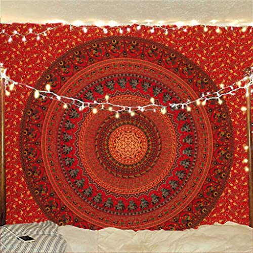 Bless International Indischer Wandbehang aus Baumwolle, psychedelisch, Hippie, Boho, großer mehrfarbiger Mandala-Wandteppich, Queenzsize (215 x 230 cm), Gold/Rot von Bless International