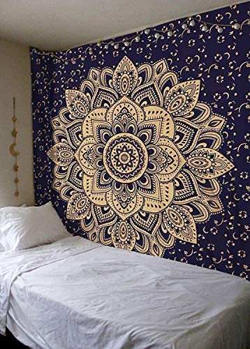 Bless International Traditioneller indischer Mandala-Hippie-Wandbehang, Baumwoll-Tapisserie, Ombre-Bohemian-Tagesdecke (King (225 x 265 cm), blaue goldene Blume von Bless International