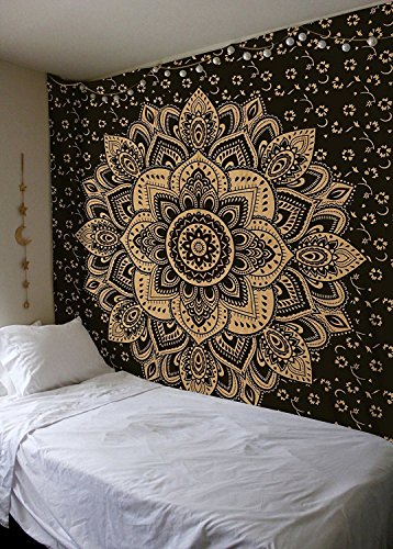 Bless International Traditioneller indischer Mandala-Hippie-Wandbehang, Baumwoll-Wandteppich, Ombré-Bohemian-Tagesdecke (Queen-Size-Bett, 215 x 230 cm), Schwarz-Gold-Blume) von Bless International