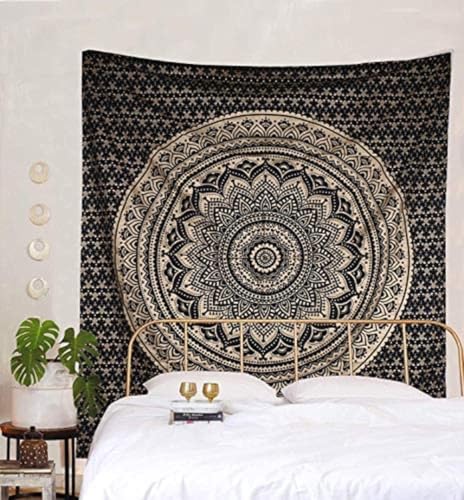 Bless International Traditioneller indischer Mandala-Hippie-Wandbehang, Baumwolle, Wandteppich, Ombré-Bohemian-Tagesdecke, 140 x 185 cm, Schwarz / Gold von Bless International