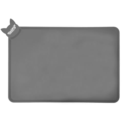 Silikon wasserdicht Hund und Katze Haustier Fütterung Matte, 55 x 38 cm Anti-Rutsch-Tiernapf silikon unterlage, Hunde und Katzen Futtermatte， spülmaschinenfest，Unterlage mit Rand (grau, 55X35cm) von BlessFly