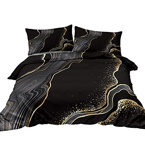 BlessLiving Marmor-Bettwäsche-Set in Schwarz / Gold / Grau mit Marmor-Muster, abstrakt, schick, bedruckt, für Einzelbett, 1 Bettbezug, 2 Kissenbezüge von BlessLiving