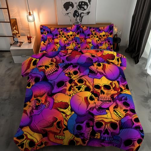 BlessLiving Totenkopf-Bettwäsche-Set für Einzelbett, 3-teilig, mit Reißverschluss, Bändern, 3D-Vintage-Totenkopf-Druck, Halloween-Bettwäsche-Set in Violett, Orange und Blau von BlessLiving