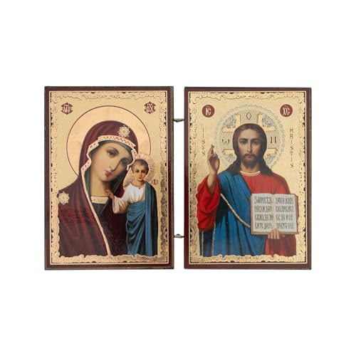 BlessedMart Orthodoxe christliche Taschen-Diptychon-Ikonen – faltbare Mini-byzantinische Ikonen Christi und Theotokos – 8,5 cm hohe Reise-Ikonen (Mary Kazanskaya und Christ Pantokrator) von BlessedMart