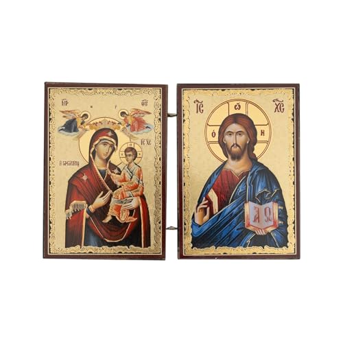BlessedMart Orthodoxe christliche Taschen-Diptychon-Ikonen – faltbare Mini-byzantinische Ikonen Christi und Theotokos – 8,5 cm hohe Reise-Ikonen (Panagia Gorgoepikoos und Christus der Lehrer) von BlessedMart