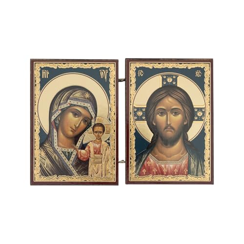 BlessedMart Orthodoxe christliche Taschen-Diptychon-Ikonen – faltbare Mini-byzantinische Ikonen von Christus und Theotokos – 8,5 cm hohe Reise-Ikonen (Theotokos von Kasan und Christ Pantokrator) von BlessedMart