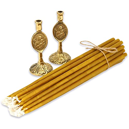 Set mit 2 Kerzenhaltern aus Messing im Theotokos-Design und 20 Kirchenkerzen aus reinem Bienenwachs, orthodoxe Spitzen, Hausaltar von BlessedMart