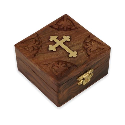 Kleine handgeschnitzte Räucherstäbchenbox aus Holz mit Scharnierdeckel und Metallkreuz-Dekoration Kleine handgeschnitzte Räucherstäbchenbox aus Holz mit Scharnierdeckel und Metallkreuz-Dekoration von BlessedMart