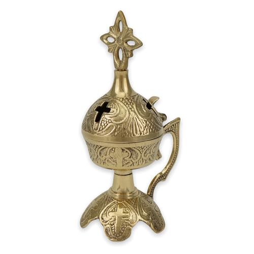 Kleiner Messing-Räuchergefäß – kunstvolles christliches Räuchergefäß mit Kreuz für Zuhause oder Kirche, 13 cm von BlessedMart