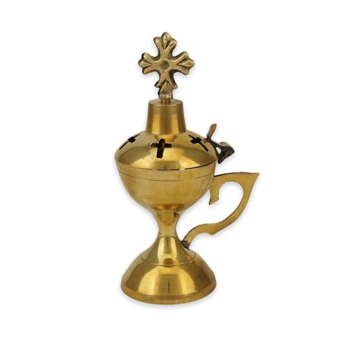 Kleiner orthodoxer Räuchergefäß aus Messing – kunstvoller christlicher Räuchergefäß mit Kreuz für Zuhause oder Kirche, 13 cm von BlessedMart