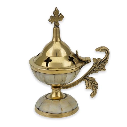 Orthodoxes Räuchergefäß mit Perlmutt-Inlay – kunstvolles christliches Räuchergefäß mit Kreuz für Zuhause oder Kirche, 12 cm von BlessedMart