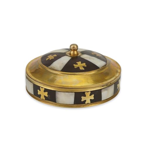 Räucherstäbchenbox aus Messing mit Deckel und Perlmutt-Inlay, Kreuzverzierung, Durchmesser 9,0 cm von BlessedMart