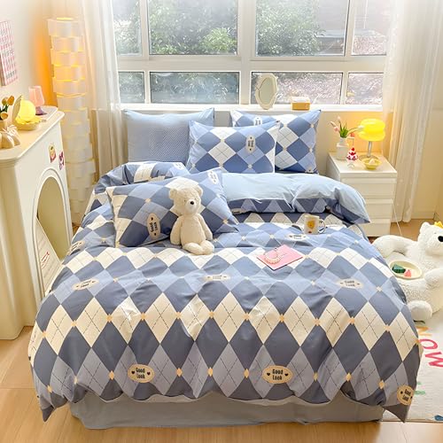 Bleswleth Bed Linen 200 x 200 cm 3-Piece Set Modern Plaid Pattern Microfiber Blue beige Yellow and Good Luck Aesthetic Design Duvet Cover Set and Pillowcase 80 x 80 cm with Zip von Bleswleth