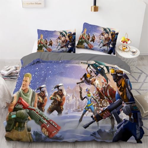 Kinder Bettbezug Fortnite 200 x 200 cm Gamer Bettwäsche Jungen Mädchen Cartoon Games Microfaser Bettwäscheset with Zip,Öko-TexBettbezug-Set Und 2 Kissenbezug (80 x 80 cm) von Bleswleth