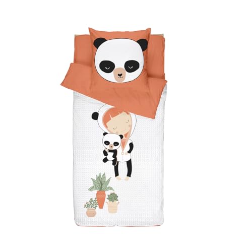 Bleu Câlin Caradou Bettwäsche-Set für Kinder, 4-teilig, Inkl. Steppdecke, Farbe: Miss Panda Orange, 90 x 190 cm, CAR0 von Bleu Câlin