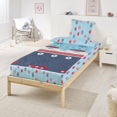 Bleu Câlin Kinderbettwäsche RAR0 C940 Cine, Caradou Bettwäsche für Kinder, 3-teilig, Baumwolle, Auto, speziell für erweiterbares Bett, 90 x 140 cm, RARC94, 90x140 cm von Bleu Câlin