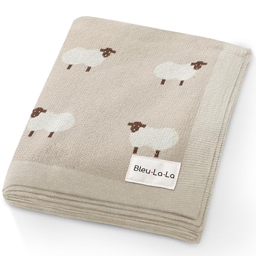 Bleu La La Empfangs Babydecke - 100% Luxuriöse Weichbaumwollstrick Warme Gemütliche Kuscheldecke für Kinderwagen und WiegePuckdecke für Neugeborene Säuglinge und Kleinkinder (Schaf - Khaki) von Bleu La La