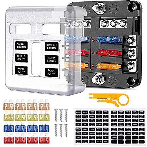 6 Fach Sicherungshalter, KFZ Sicherungskasten ATO 12V/24V Blade Sicherungsblock, Auto Sicherungsdose mit 16pcs Sicherungen und LED-Anzeige Schutzabdeckung für Auto Boot Marine SUV von Blewandy