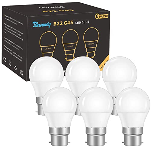 B22 LED Glühbirne, 5W LED Lampe ersetzt 40W Glühlampen, 500Lm Warmweiß 3000K 280° Strahlwinkel Energiesparlampe, G45 Kolbenform B22 Bajonett Kappe Leuchtmittel, Kein Flackern, Nicht Dimmbar, 6er-Pack von Blewandy