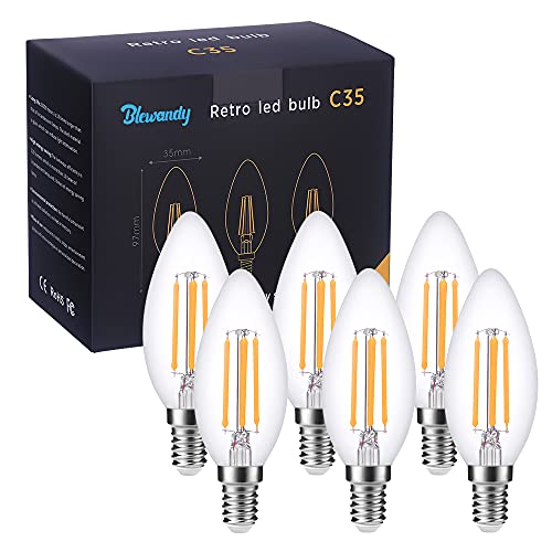 Blewandy E14 LED Kerze Glühbirne, 4W Classic LED Lampe für Kronleuchter, Warmweiß 2700K, 380 Lumen Filament Lampe Birnen, Ersetzt 40 Watt, Energiesparlampe, Nicht Dimmbar, 6er Pack von Blewandy