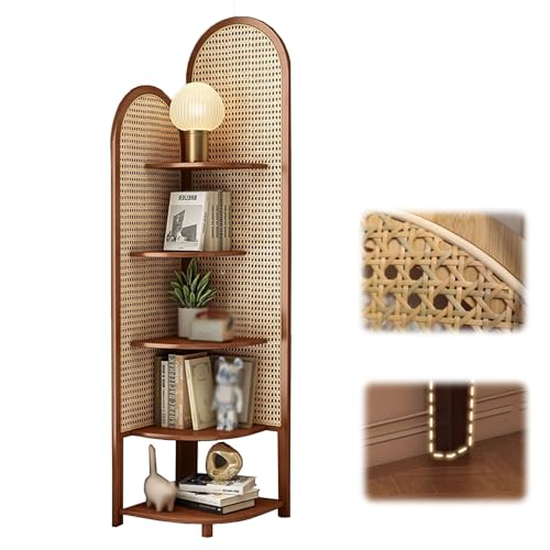 Bliajkswyr Hohe Eck-BüCherregale Holz Eckregal stehend 39.5x39.5x168cm 5-stöckiges Eckregal Aus Rattan Schrank-BüCherregal Großzügige Arbeitsfläche Passt In Enge Räume Wohnzimmer(Tea Brown) von Bliajkswyr