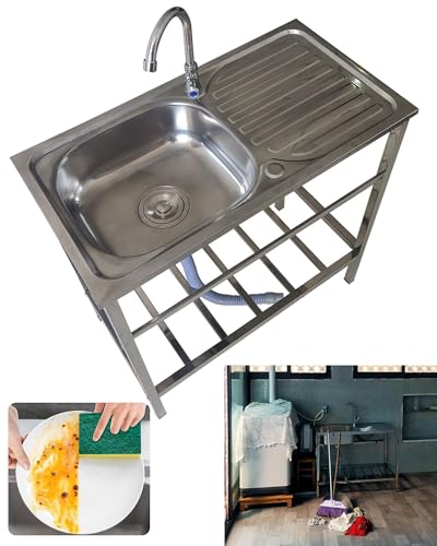 Edelstahl-Einzelbecken-Küchenspüle Mit Wasserhahn Tragbare Gartenspüle For Den Außenbereich Restaurantspüle Mit Werkbank Garage 1-Becken-Spüle Freistehender Waschtisch Mehrzweckspüle Mit Zubehör(75X40 von Bliajkswyr