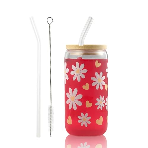 Bliceon Glas mit Deckel und Strohhalm, 500 ml Gänseblümchen und Herzglas für Kaffee, Cocktails und Getränke zu Hause, auf Partys und unterwegs, multifunktionales Trinkglas von Bliceon