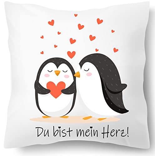 Blickfang Du bist Mein Herz Pinguin Kissen, Valentinstag, Geburtstags Geschenk Kissen für Sie Uns Ihn | Dekokissen | Kuschelkissen 40X40 Bedruckt | Kissenbezug(mit Kissenfüllung), Weiß von Blickfang