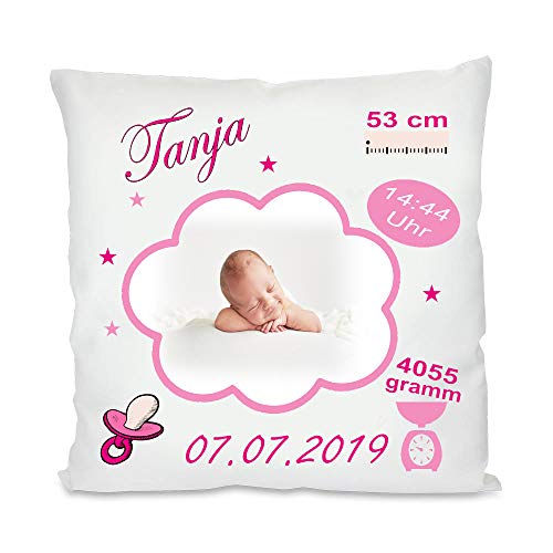 Fotokissen | Personalisiertes Kissen als Glückwunsch zur Geburt | Geschenke zur Geburt | Babygeschenk für Jungen und Mädchen (Mädchen mit Bild, ohne Kissenfüllung) von Blickfang