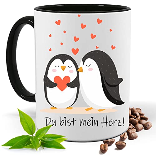 Blickfang Geschenkasse, Valentinstag Weihnachten, Geburtstag | Du hast mein Herz! Pinguin Kakao- Kaffee- Tee- Fototasse| Geschenke für männer frauen Keramik Tasse |Spülmaschinenfest (Schwarz) von Blickfang