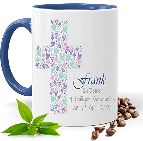 KOMMUNION,FIRMUNG, KONFIRMATION, KIRCHEN ROSA KREUZ |FOTOTASSE |TASSE|MOTIV TASSE | BEDRUCKTE TASSE | KAKAOTASSE | TEETASSE | GESCHENK|KERAMIK|TASSE (Blau) von Blickfang