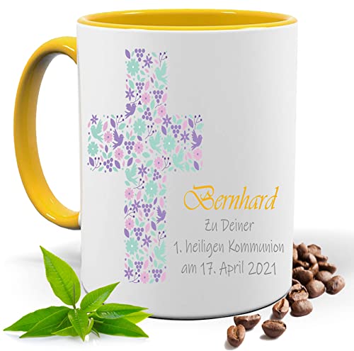 KOMMUNION,FIRMUNG, KONFIRMATION, KIRCHEN ROSA KREUZ |FOTOTASSE |TASSE|MOTIV TASSE | BEDRUCKTE TASSE | KAKAOTASSE | TEETASSE | GESCHENK|KERAMIK|TASSE (Gelb) von Blickfang