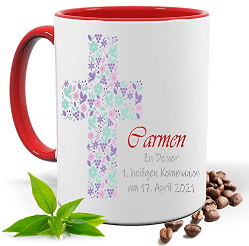 KOMMUNION,FIRMUNG, KONFIRMATION, KIRCHEN ROSA KREUZ |FOTOTASSE |TASSE|MOTIV TASSE | BEDRUCKTE TASSE | KAKAOTASSE | TEETASSE | GESCHENK|KERAMIK|TASSE (Rot) von Blickfang