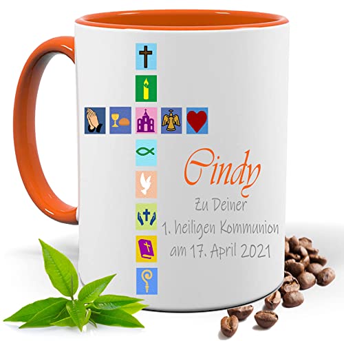 Blickfang Kommunion Geschenk, bedruckte Tasse personalisiert mit Namen und Datum |Geschenk Idee| Kaffee Tee Tasse | Fototasse, Motivtasse | Kaffeetasse, Teetasse |Keramik (Orange) von Blickfang