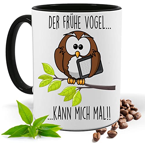 Blickfang Lustige Tasse mit Spruch |DER FRÜHE VOGEL KANN MICH MAL!! | Eule, UHU| Kakao- Kaffee- Tee- Fototasse| Geschenke für männer frauen | Keramik Tasse |Spülmaschinenfest (Schwarz) von Blickfang