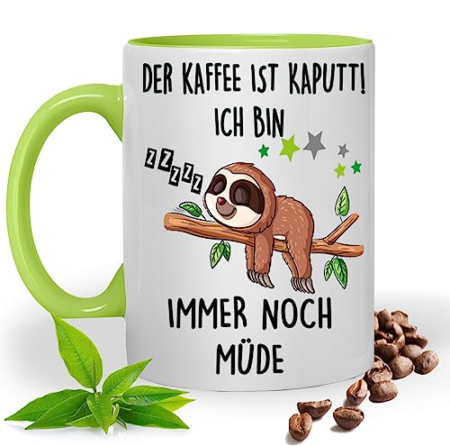 Lustige Tasse mit Spruch |DER KAFFEE IST KAPUTT ICH BIN IMMER NOCH MÜDE | Faultier | Kakao- Kaffee- Tee- Fototasse| Geschenke für männer frauen | Keramik Tasse |Spülmaschinenfest (Hellgrün) von Blickfang