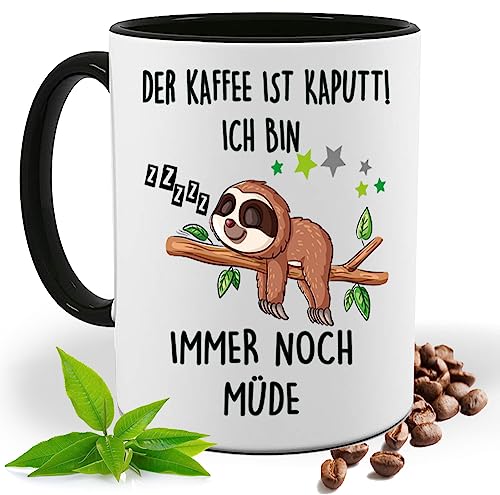 Blickfang Lustige Tasse mit Spruch |DER KAFFEE IST KAPUTT ICH BIN IMMER NOCH MÜDE | Faultier Kakao- Kaffee- Tee- Fototasse| Geschenke für männer frauen Keramik |Spülmaschinenfest (Schwarz) von Blickfang