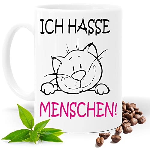 Lustige Tasse mit Spruch |ICH HASSE MENSCHEN | Katze| Kakao- Kaffee- Tee- Fototasse| Geschenke für männer frauen | Keramik Tasse |Spülmaschinenfest (Weiss) von Blickfang