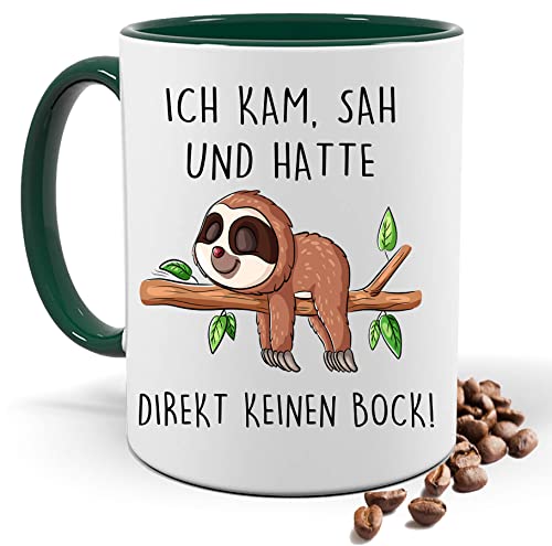 Lustige Tasse mit Spruch |ICH KAM, SAH UND HATTE DIREKT KEINEN BOCK! | Faultier | Kakao- Kaffee- Tee- Fototasse| Geschenke für männer frauen | Keramik Tasse |Spülmaschinenfest (Grün) von Blickfang