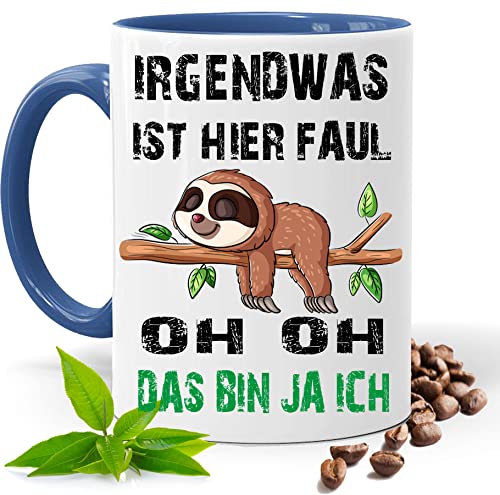 Blickfang Lustige Tasse mit Spruch |IRGENDWAS IST DA FAUL OH DAS BIN JA ICH | Faultier Kakao- Kaffee- Tee- Fototasse| Geschenke für männer frauen Keramik |Spülmaschinenfest (Blau) von Blickfang