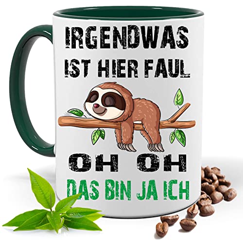 Blickfang Lustige Tasse mit Spruch |IRGENDWAS IST DA FAUL OH DAS BIN JA ICH | Faultier Kakao- Kaffee- Tee- Fototasse| Geschenke für männer frauen Keramik |Spülmaschinenfest (Grün) von Blickfang