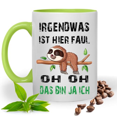 Lustige Tasse mit Spruch |IRGENDWAS IST DA FAUL OH DAS BIN JA ICH | Faultier | Kakao- Kaffee- Tee- Fototasse| Geschenke für männer frauen | Keramik Tasse |Spülmaschinenfest (Hellgrün) von Blickfang