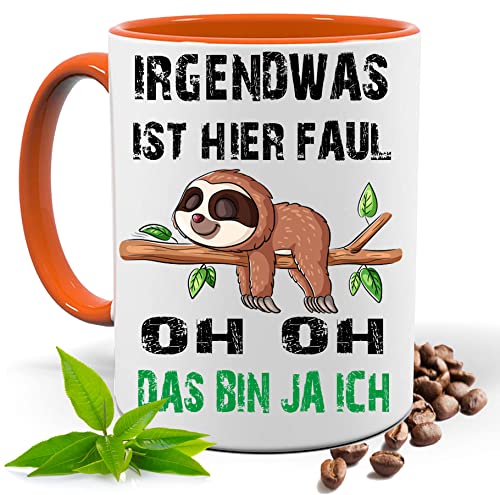 Blickfang Lustige Tasse mit Spruch |IRGENDWAS IST DA FAUL OH DAS BIN JA ICH | Faultier | Kakao- Kaffee- Tee- Fototasse| Geschenke für männer frauen | Keramik Tasse |Spülmaschinenfest (Orange) von Blickfang