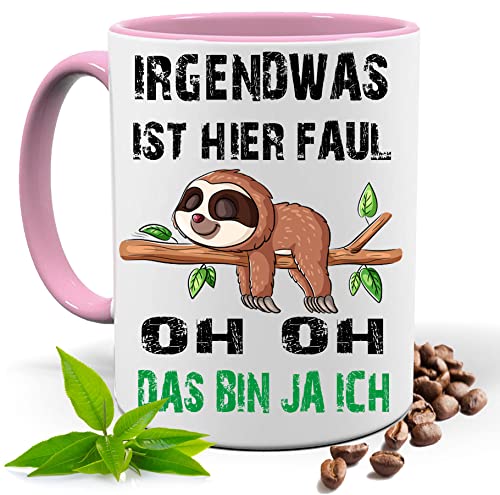 Blickfang Lustige Tasse mit Spruch |IRGENDWAS IST DA FAUL OH DAS BIN JA ICH | Faultier | Kakao- Kaffee- Tee- Fototasse| Geschenke für männer frauen | Keramik Tasse |Spülmaschinenfest (Rosa) von Blickfang