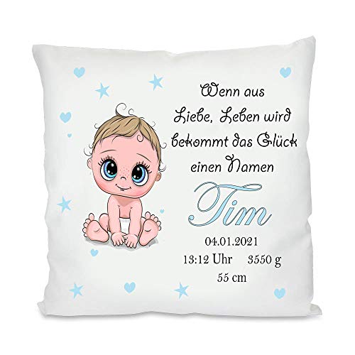 Personalisiertes Geburtskissen mit Namen und Geburtsdaten | Babykissen| Fotokissen | bedrucktes Kissen | Kissen | Motivkissen | Geschenke zur Geburt, Taufe | 40 x 40 cm (Jungen, mit Kissenfüllung) von Blickfang