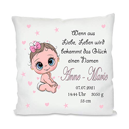 Personalisiertes Geburtskissen mit Namen und Geburtsdaten | Babykissen| Fotokissen | bedrucktes Kissen | Kissen | Motivkissen | Geschenke zur Geburt, Taufe | 40 x 40 cm (Mädchen, ohne Kissenfüllung) von Blickfang