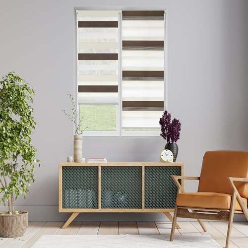 Blindecor Indus Dreifarbiges Rollo ohne Bohren | Doppellagiges Rollo | Dreifarbige Rollos bei Nacht und Tag, Braun, Creme | Rollo 97 x 180 cm (Breite x Länge) | Stoffgröße 94 x 175 cm von Blindecor