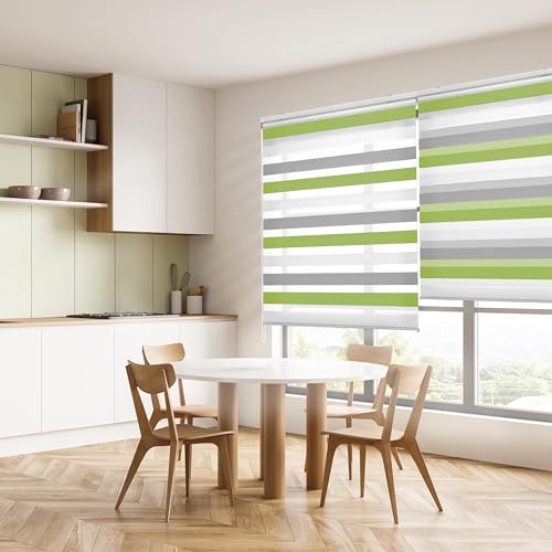 Blindecor Lira duo rollo tag und nacht , tricolor Grau, Pistaziegrün, Weiß - 160 x 180 cm (Breite x Länge). Stoffgröße 157 x 175 cm. Doppelrollo für fenster von Blindecor