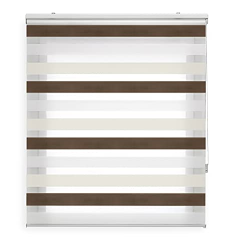 Blindecor Lira duo rollo tag und nacht , tricolor Creme, Braun, Weiß - 140 x 180 cm (Breite x Länge). Stoffgröße 137 x 175 cm. Doppelrollo für fenster von Blindecor